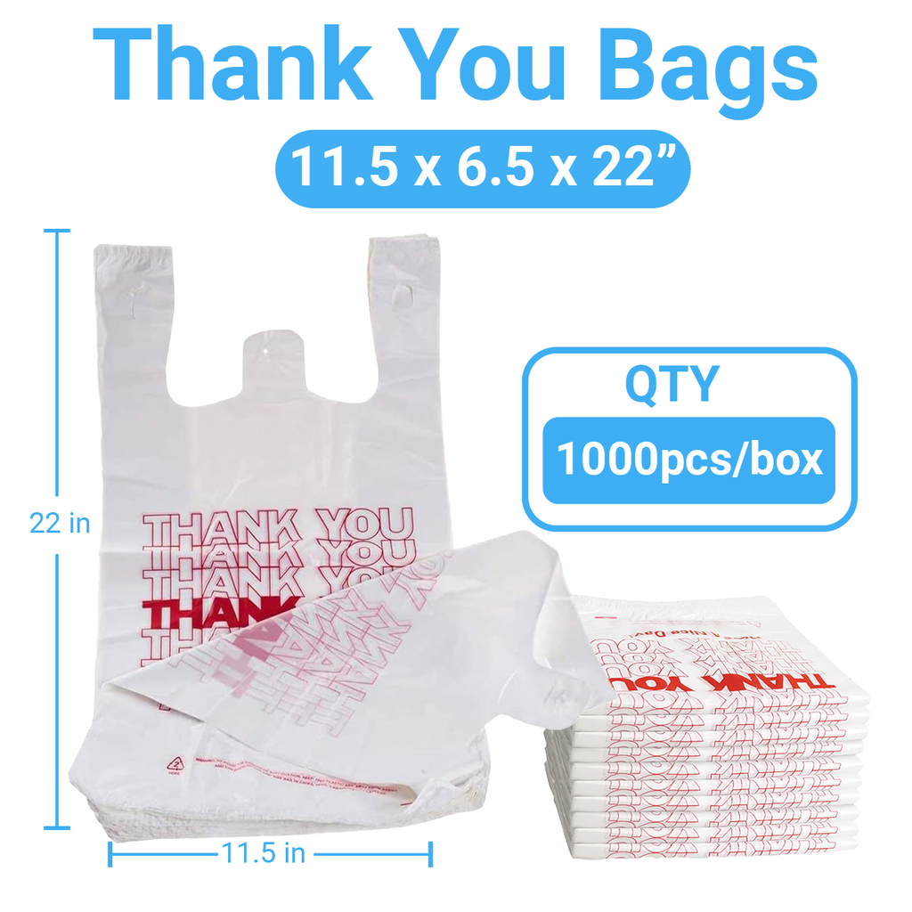 Thank You T-Shirt Plastic Bags, 11.5” x 6.5” x 22”, 12.5 Micron, White Grocery Carry Bags with Handles, Durable & Leak-Resistant, Bulk 1000 Bags per Case, Ideal for Retail & Takeaway