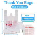 Thank You T-Shirt Plastic Bags, 11.5” x 6.5” x 22”, 12.5 Micron, White Grocery Carry Bags with Handles, Durable & Leak-Resistant, Bulk 1000 Bags per Case, Ideal for Retail & Takeaway