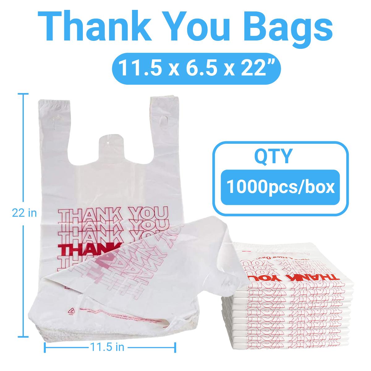 Thank You T-Shirt Plastic Bags, 11.5” x 6.5” x 22”, 12.5 Micron, White Grocery Carry Bags with Handles, Durable & Leak-Resistant, Bulk 1000 Bags per Case, Ideal for Retail & Takeaway