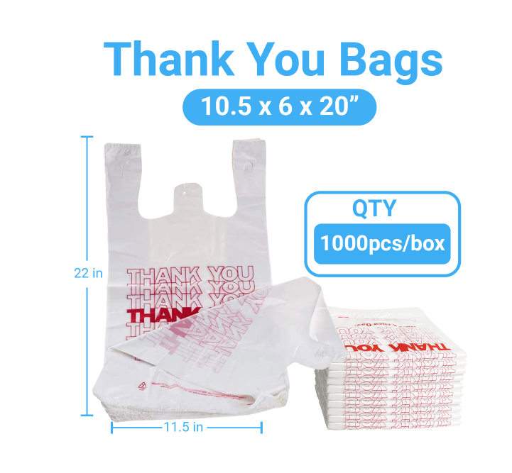 Thank You T-Shirt Plastic Bags, 10” x 6” x 20”, 12.5 Micron, White Grocery Carry Bags with Handles, Durable & Leak-Resistant, Bulk 1000 Bags per Case, Ideal for Retail & Takeaway