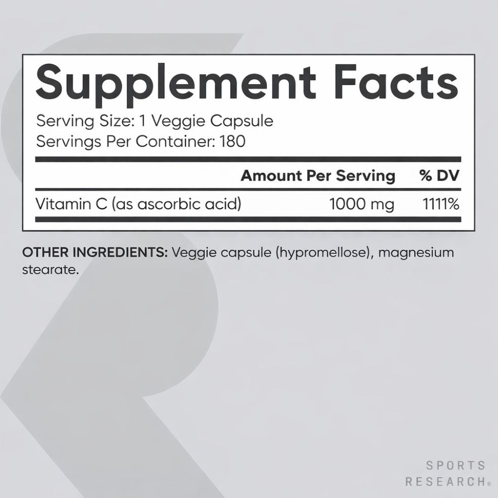 Sports Research Vitamin C 1000mg High Potency Immune Support Supplement, Ascorbic Acid, Vegan Gluten Free Non-GMO, 180 Veggie Capsules