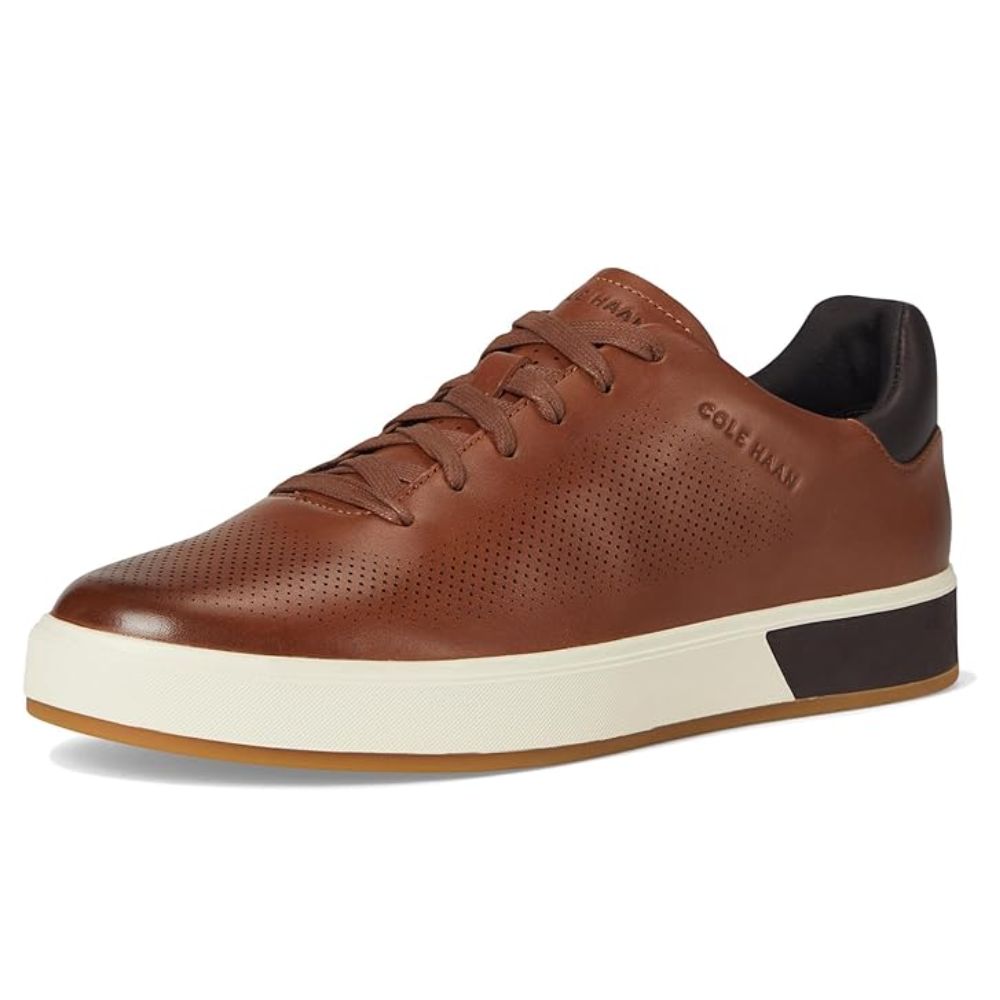 Cole Haan Men’s Brown Leather Sneakers – Casual Lace-Up Comfort Shoes with Black & White Contrast Sole, Perforated Lightweight Designer Fashion Sneakers, Sizes 11M, 11.5M, 12M, 13M