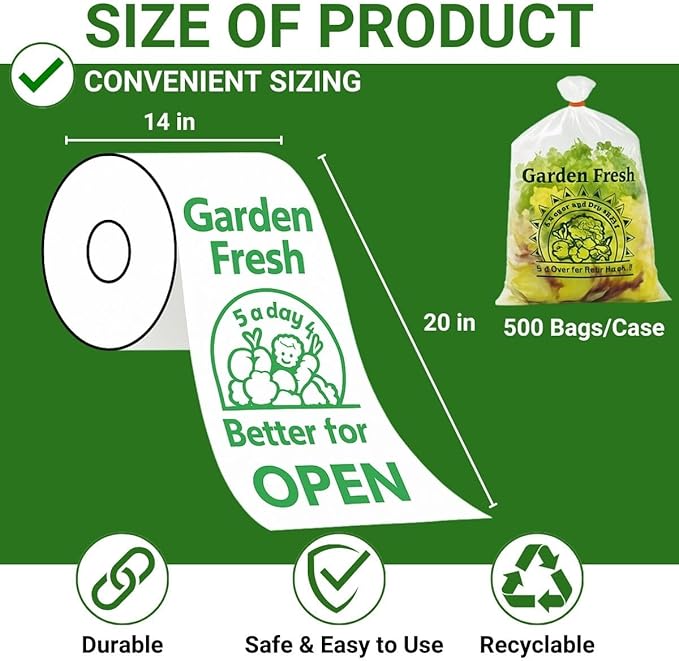 HDPE Produce Bags 14 x 20 in – Clear Plastic Grocery & Vegetable Bags on Roll, Easy Tear, Durable & Leak-Resistant, Recyclable Food Storage Bags, 500 Bags/Case, Ideal for Supermarket & Home Use