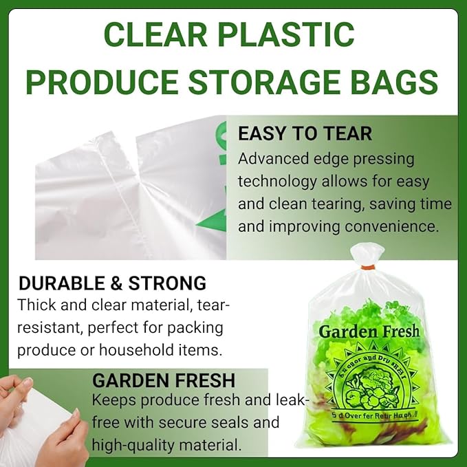 HDPE Produce Bags 14 x 20 in – Clear Plastic Grocery & Vegetable Bags on Roll, Easy Tear, Durable & Leak-Resistant, Recyclable Food Storage Bags, 500 Bags/Case, Ideal for Supermarket & Home Use