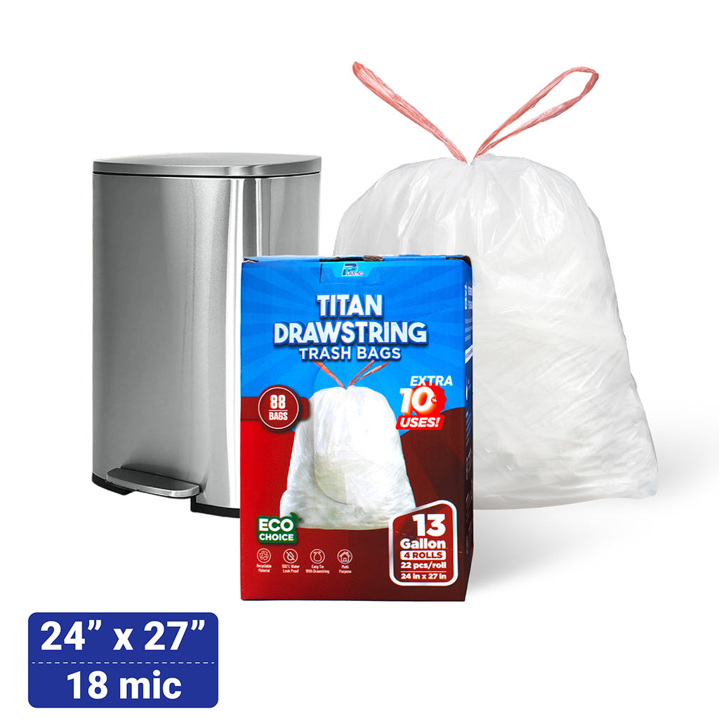 HDPE Drawstring Trash Bags – Heavy-Duty 13 Gallon White Waste Bags with Interleaf, 24in x 27in x 18mic, Tear-Resistant & Leak-Proof, 22 Bags per Roll, 4 Rolls/Case, Ideal for Home, Office, and Commercial Use