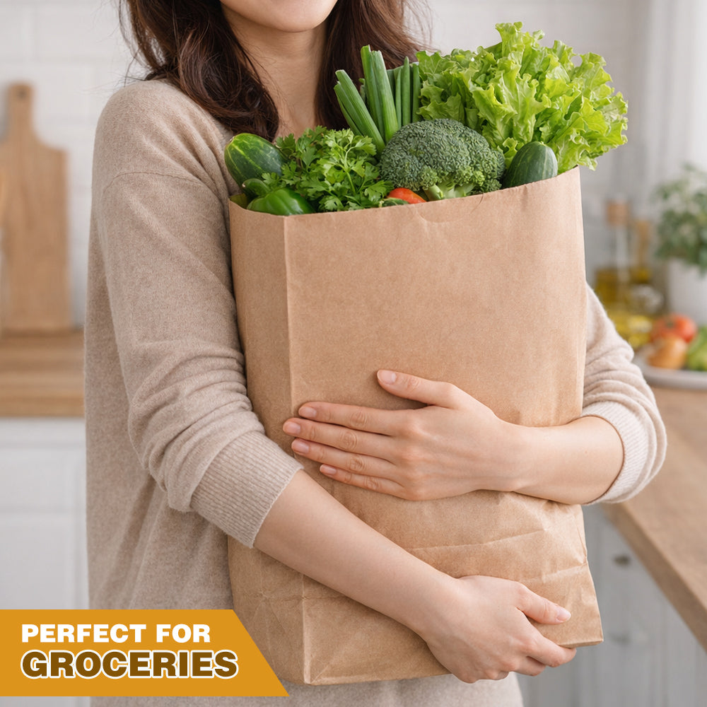 Large Kraft Paper Bags – 50 or 100 Count Heavy Duty Brown Grocery & Takeout Bags, Food Grade Flat Bottom Paper Bags for Grocery, Bakery, Retail, Delivery & Storage