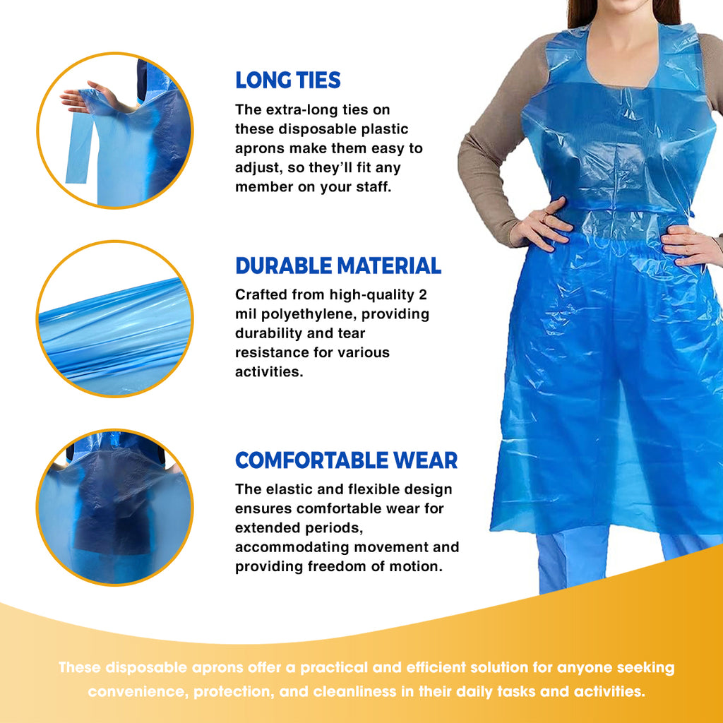Disposable Polyethylene Aprons – Waterproof, Lightweight & Durable Plastic Aprons with Long Ties | Tear-Resistant Protection for Salon, Food Service & Cleaning Use