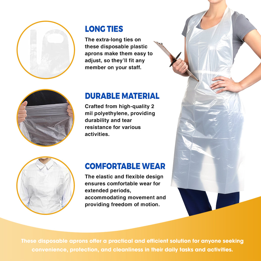 Disposable Polyethylene Aprons – Waterproof, Lightweight & Durable Plastic Aprons with Long Ties | Tear-Resistant Protection for Salon, Food Service & Cleaning Use