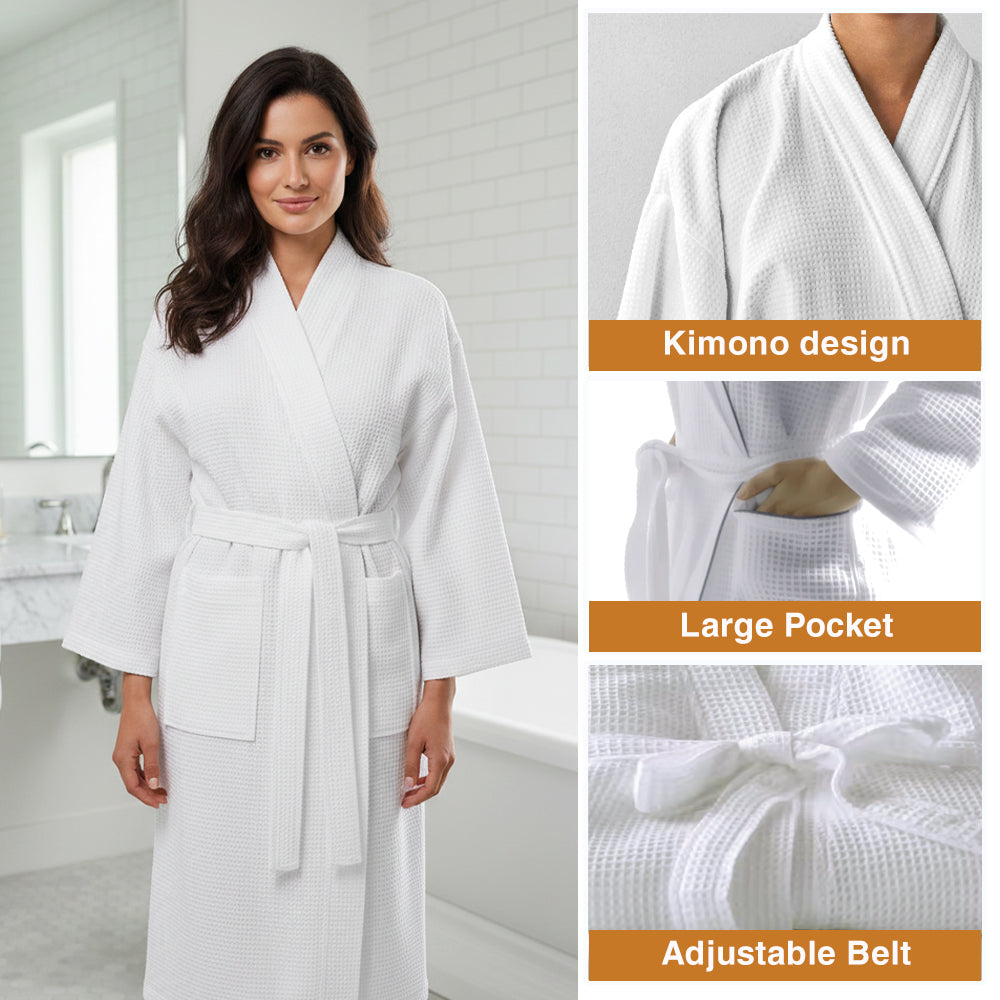 Waffle Weave Cotton Bathrobe for Men & Women – Lightweight Kimono Spa Robe with Adjustable Belt & Pockets, Quick-Dry, Absorbent, Hotel & Home Use, Sizes M-L