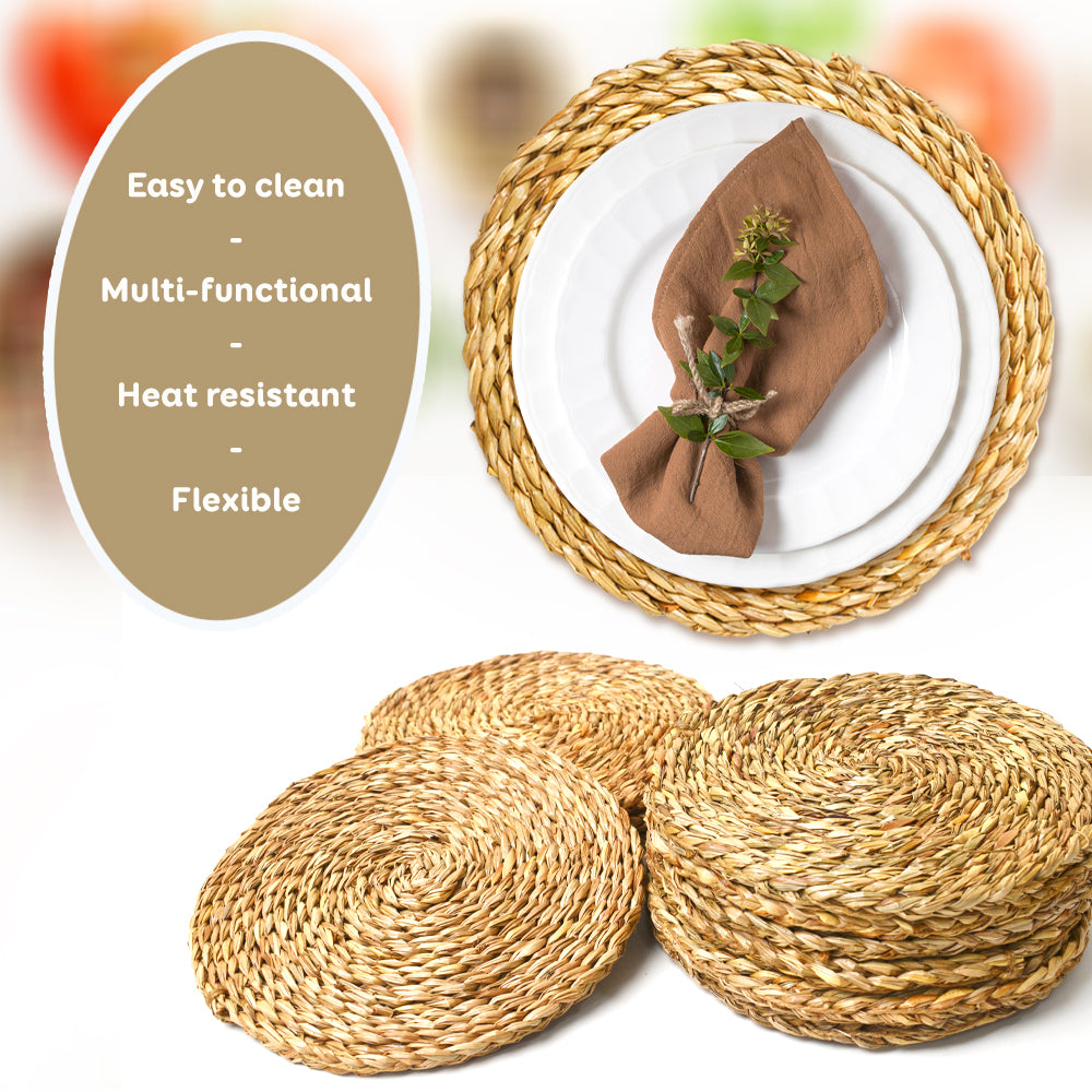 Round Woven Placemats Set, Natural Straw Table Mats 8.3” (21 cm), Heat-Resistant & Easy to Clean, Non-Slip Rustic Dining Table Decor for Kitchen, Dining & Home