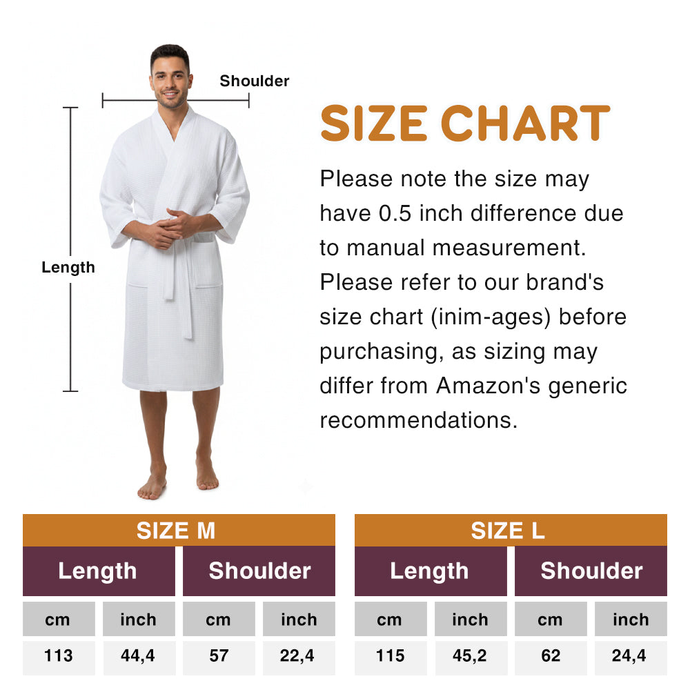 Waffle Weave Cotton Bathrobe for Men & Women – Lightweight Kimono Spa Robe with Adjustable Belt & Pockets, Quick-Dry, Absorbent, Hotel & Home Use, Sizes M-L