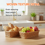 Woven Rattan Serving Tray Basket, Rectangular Handwoven Bread & Food Basket, Lightweight & Durable Storage Tray for Kitchen, Dining, Café & Home Use (Stackable Design)