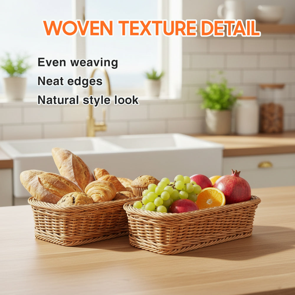 Woven Rattan Serving Tray Basket, Rectangular Handwoven Bread & Food Basket, Lightweight & Durable Storage Tray for Kitchen, Dining, Café & Home Use (Stackable Design)