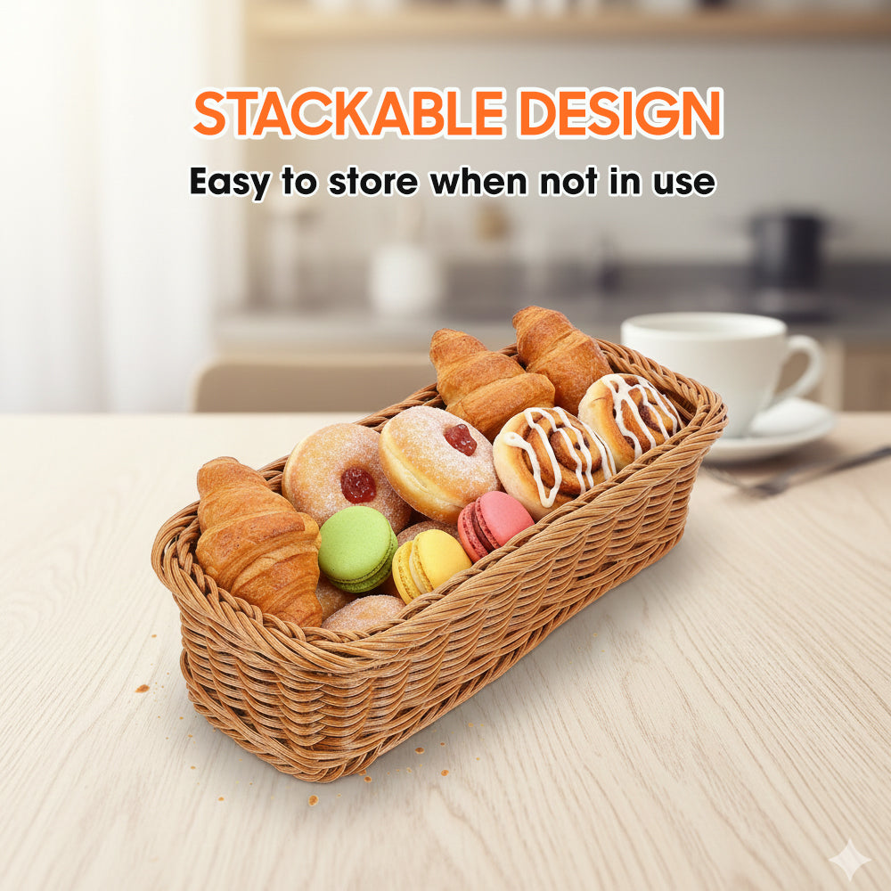 Woven Rattan Serving Tray Basket, Rectangular Handwoven Bread & Food Basket, Lightweight & Durable Storage Tray for Kitchen, Dining, Café & Home Use (Stackable Design)