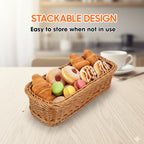 Woven Rattan Serving Tray Basket, Rectangular Handwoven Bread & Food Basket, Lightweight & Durable Storage Tray for Kitchen, Dining, Café & Home Use (Stackable Design)