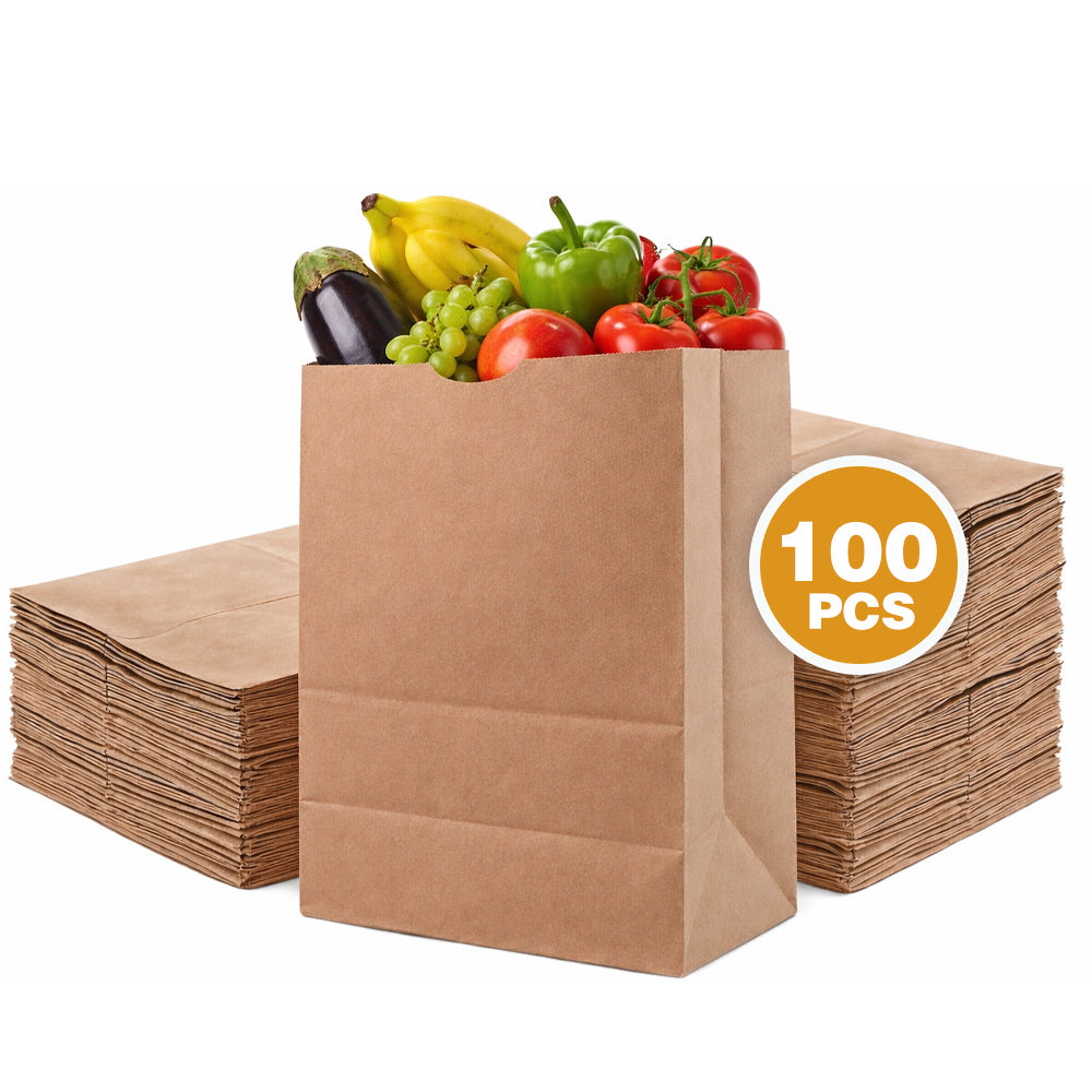 Large Kraft Paper Bags – 50 or 100 Count Heavy Duty Brown Grocery & Takeout Bags, Food Grade Flat Bottom Paper Bags for Grocery, Bakery, Retail, Delivery & Storage