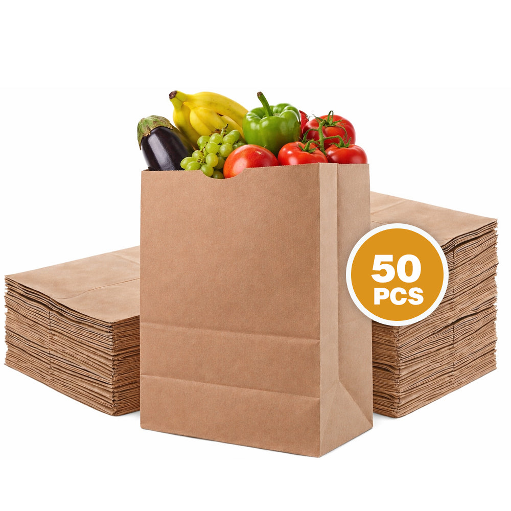 Large Kraft Paper Bags – 50 or 100 Count Heavy Duty Brown Grocery & Takeout Bags, Food Grade Flat Bottom Paper Bags for Grocery, Bakery, Retail, Delivery & Storage