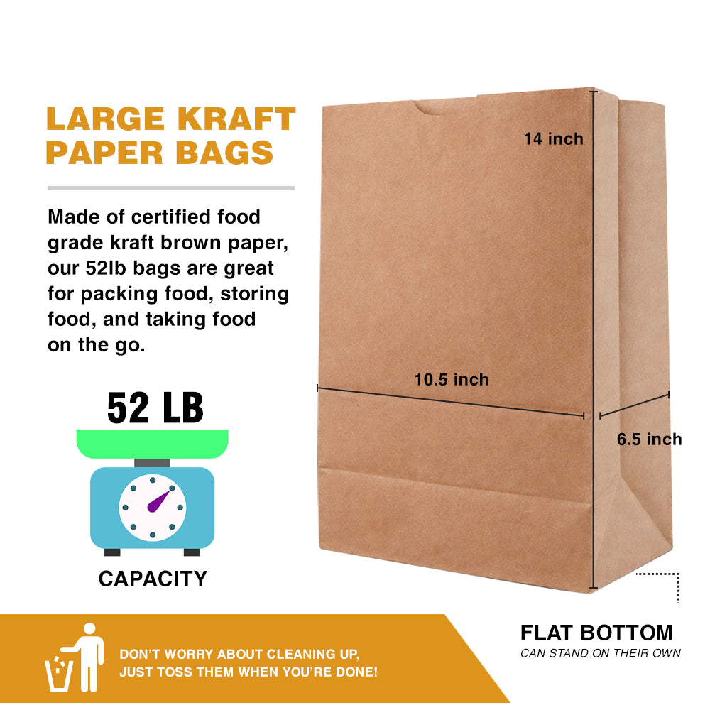 Large Kraft Paper Bags – 50 or 100 Count Heavy Duty Brown Grocery & Takeout Bags, Food Grade Flat Bottom Paper Bags for Grocery, Bakery, Retail, Delivery & Storage