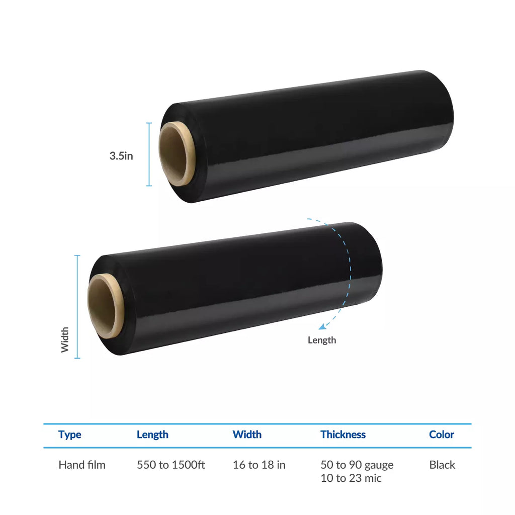 Hand Stretch Film 18 Inch x 1500 Ft – Heavy Duty Black PE Stretch Wrap, 80 Gauge, Pallet Wrap Film, Tear-Resistant, Secure Packaging & Privacy Protection, 4 Rolls per Carton