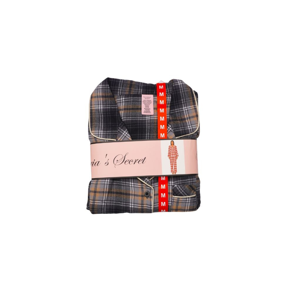 Victoria’s Secret Gray & Tan Plaid Flannel Pajama Set for Women – Button-Up Long Sleeve Sleepwear