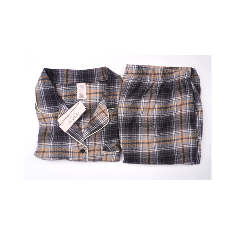 Victoria’s Secret Gray & Tan Plaid Flannel Pajama Set for Women – Button-Up Long Sleeve Sleepwear