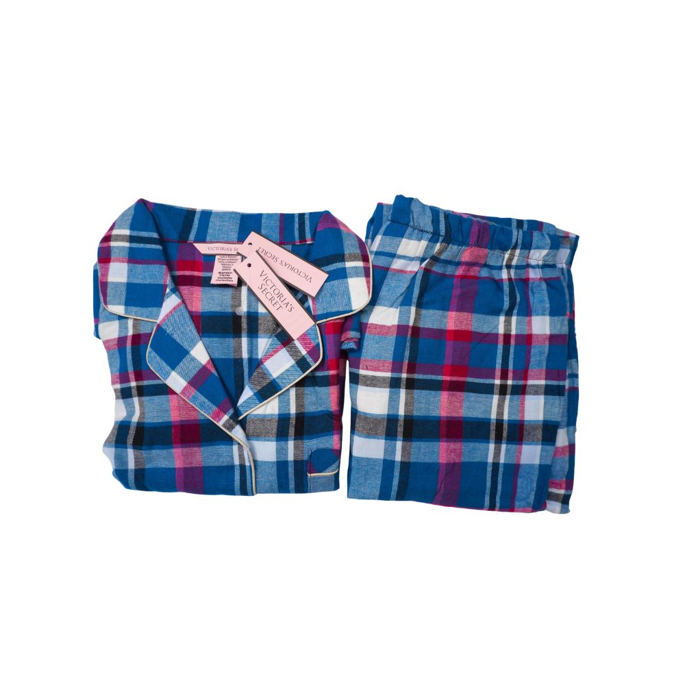 Victoria’s Secret Blue Pink Plaid Flannel Pajama Set for Women – Button-Up Long Sleeve Sleepwear