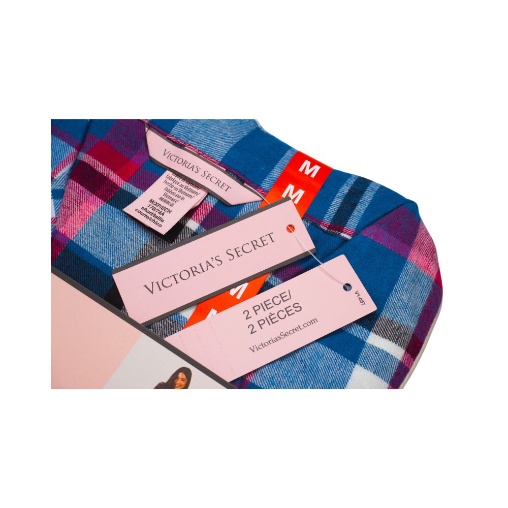 Victoria’s Secret Blue Pink Plaid Flannel Pajama Set for Women – Button-Up Long Sleeve Sleepwear