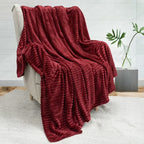 PAVILIA Super Soft Fleece Throw Blanket Burgundy Wine Red, Luxury Fuzzy Plush Flannel Throw, Warm Cozy Ribbed Microfiber Blanket for Sofa Couch Bed, Lightweight Striped Blanket