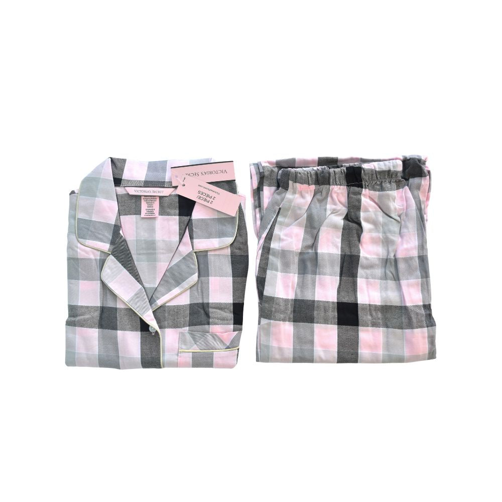 Victoria’s Secret Pink & Black Plaid Pajama Set for Women – Soft Button-Up Sleepwear Lounge Set