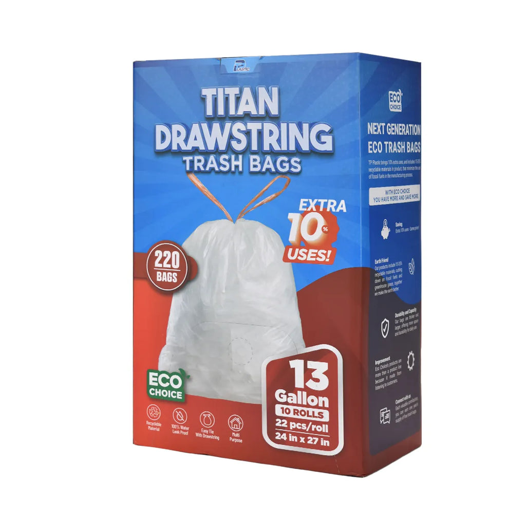 HDPE Drawstring Trash Bags – Heavy-Duty 13 Gallon White Waste Bags with Interleaf, 24in x 27in x 18mic, Tear-Resistant & Leak-Proof, 22 Bags per Roll, 4 Rolls/Case, Ideal for Home, Office, and Commercial Use