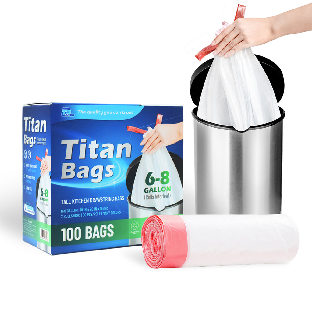 HDPE Drawstring Trash Bags 6 Gallon – Heavy Duty White Garbage Bags, Interleaf, 20x22 Inch, 18 Mic, Tear-Resistant & Leak-Proof, 50 Bags per Roll, 2 Rolls per Case