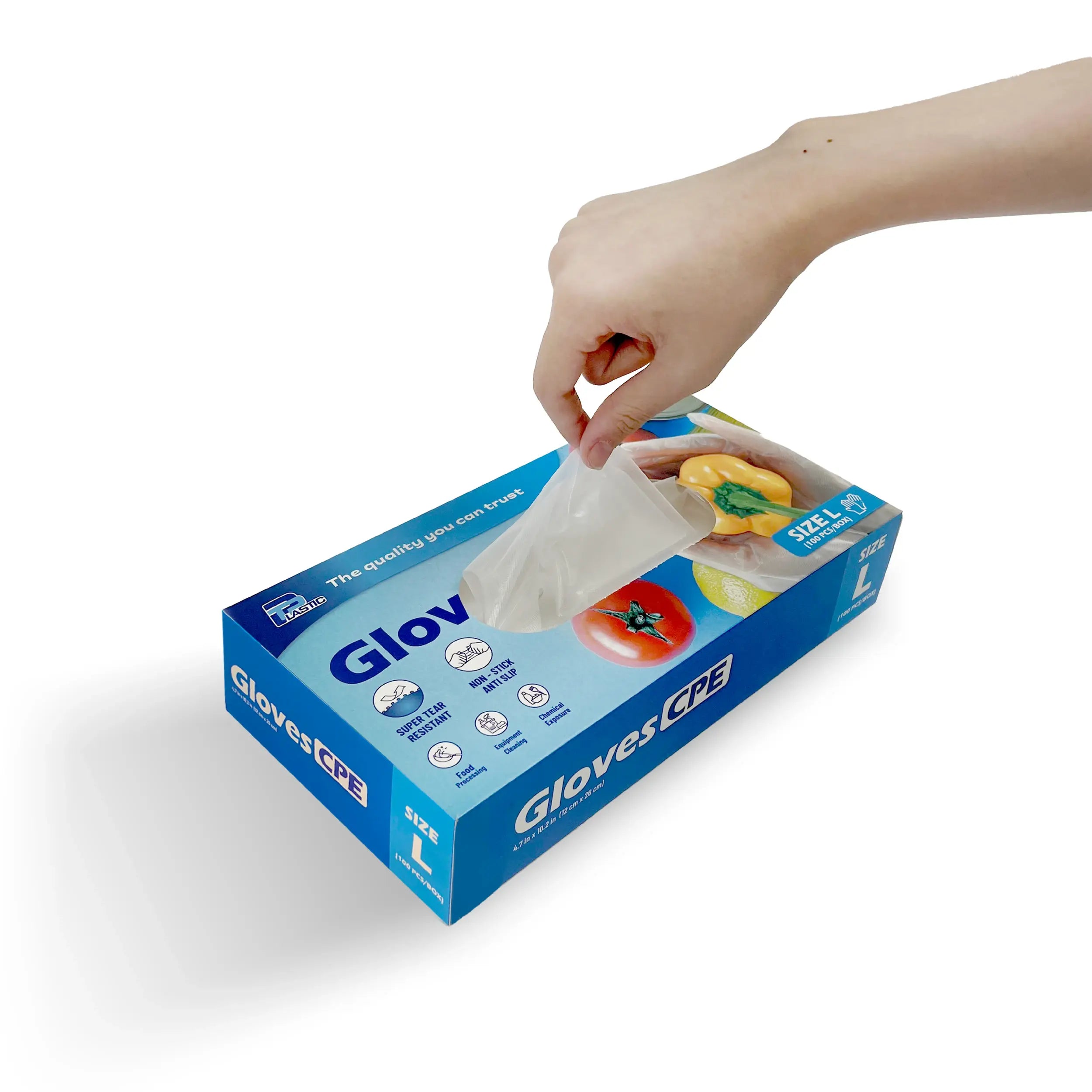 CPE Disposable Gloves, Size Large (L), 22 Micron Super Thick, Heavy-Duty Embossed Poly Gloves, Powder-Free, Food Safe, 100 Pieces per Box, Ideal for Food Handling, Cleaning & General Use