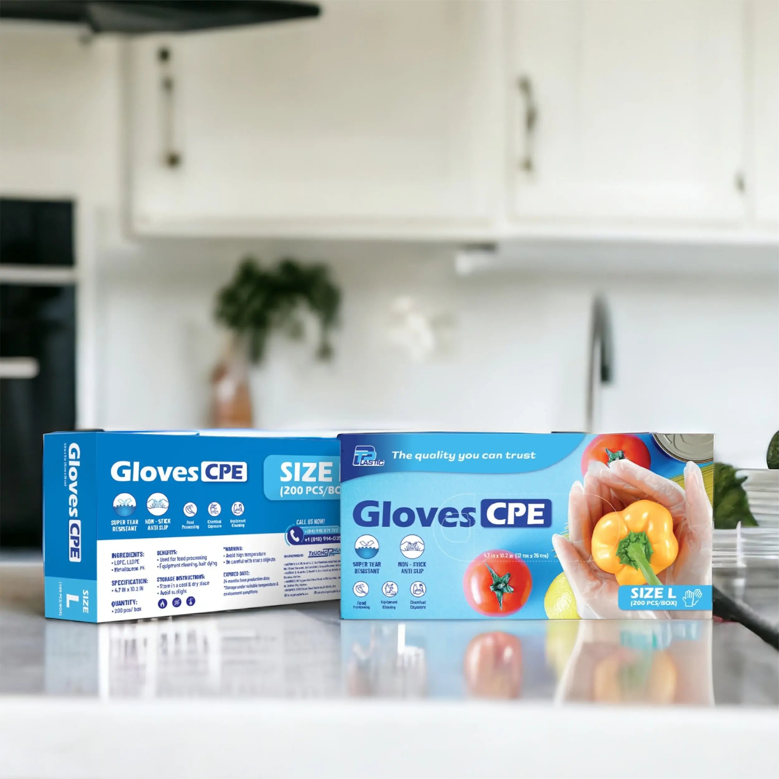 CPE Disposable Gloves, Size Large (L), 22 Micron Super Thick, Heavy-Duty Embossed Poly Gloves, Powder-Free, Food Safe, 100 Pieces per Box, Ideal for Food Handling, Cleaning & General Use