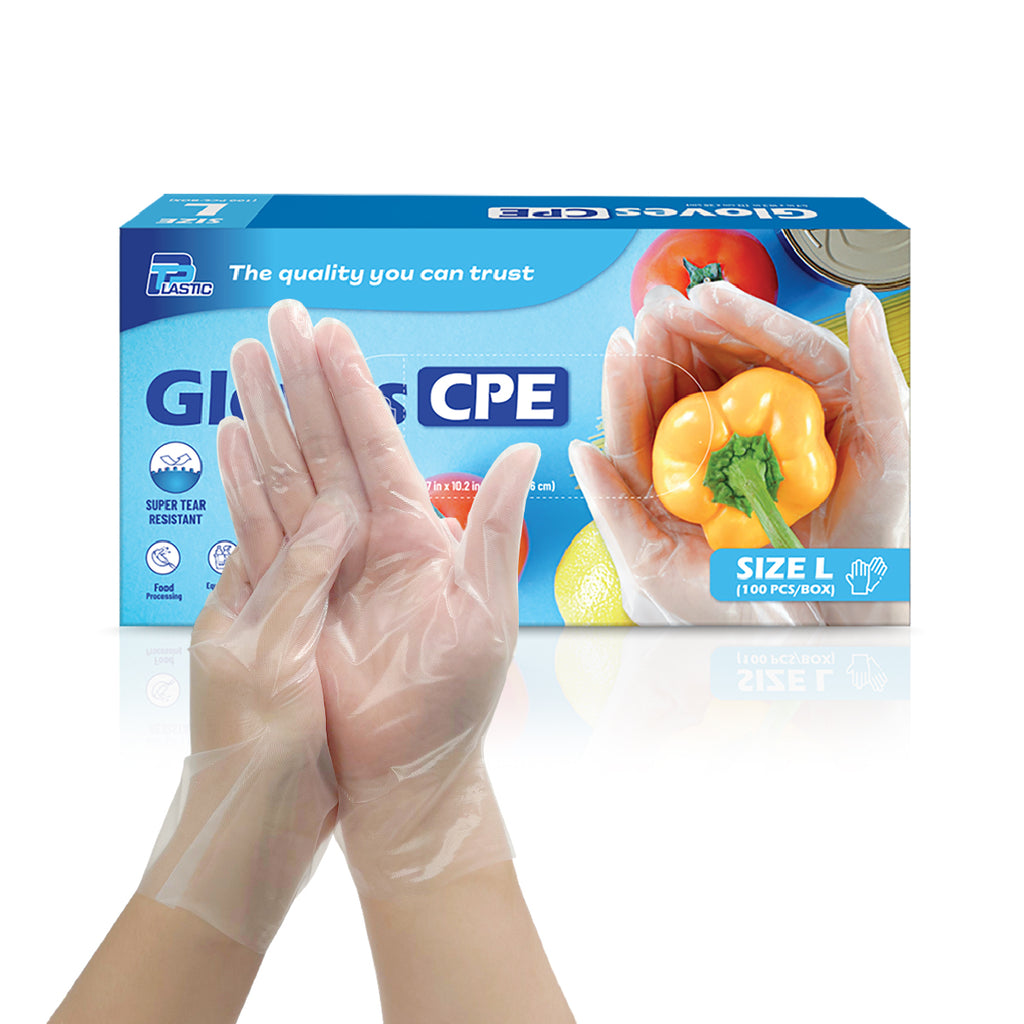 CPE Disposable Gloves, Size Large (L), 22 Micron Super Thick, Heavy-Duty Embossed Poly Gloves, Powder-Free, Food Safe, 100 Pieces per Box, Ideal for Food Handling, Cleaning & General Use