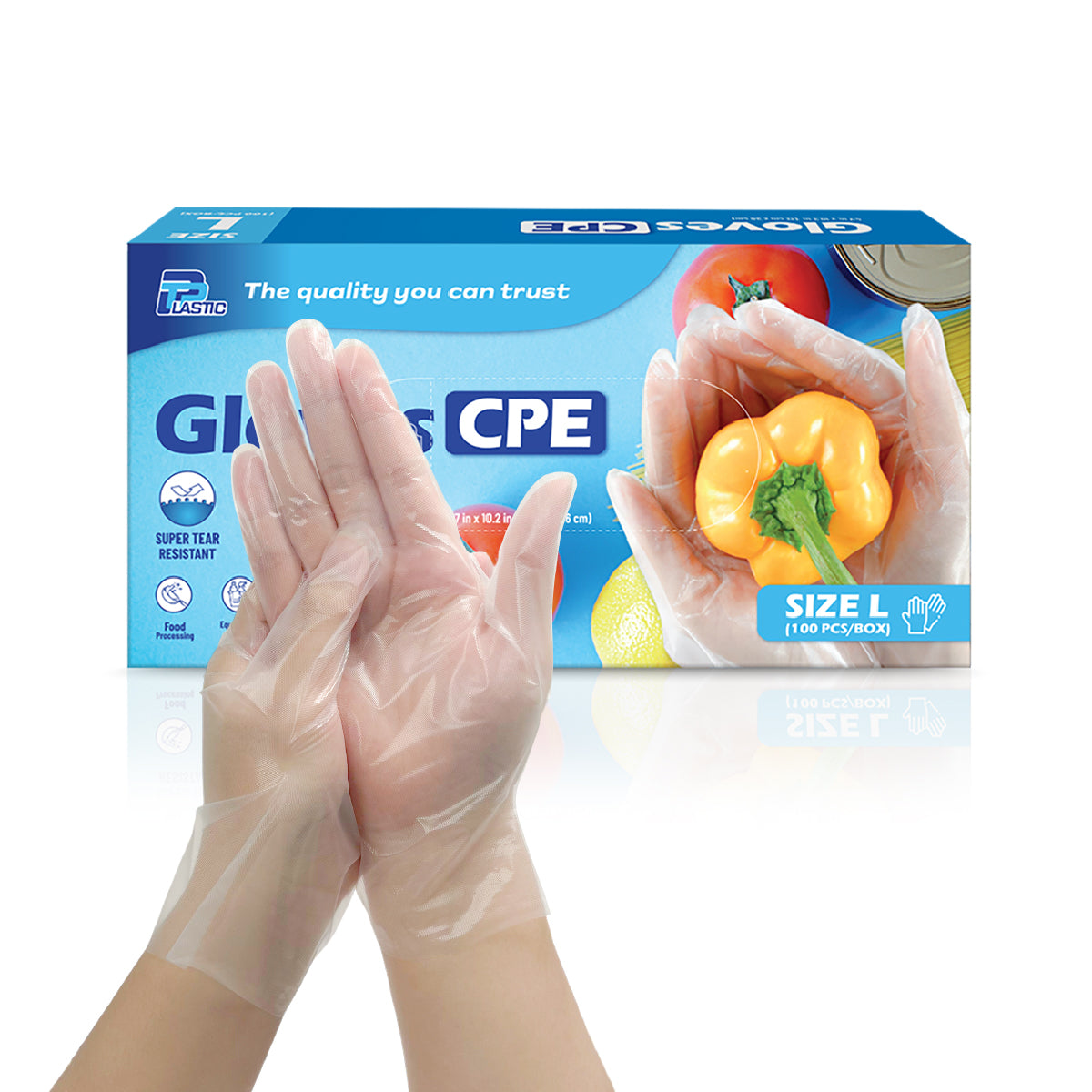 CPE Disposable Gloves, Size Large (L), 22 Micron Super Thick, Heavy-Duty Embossed Poly Gloves, Powder-Free, Food Safe, 100 Pieces per Box, Ideal for Food Handling, Cleaning & General Use