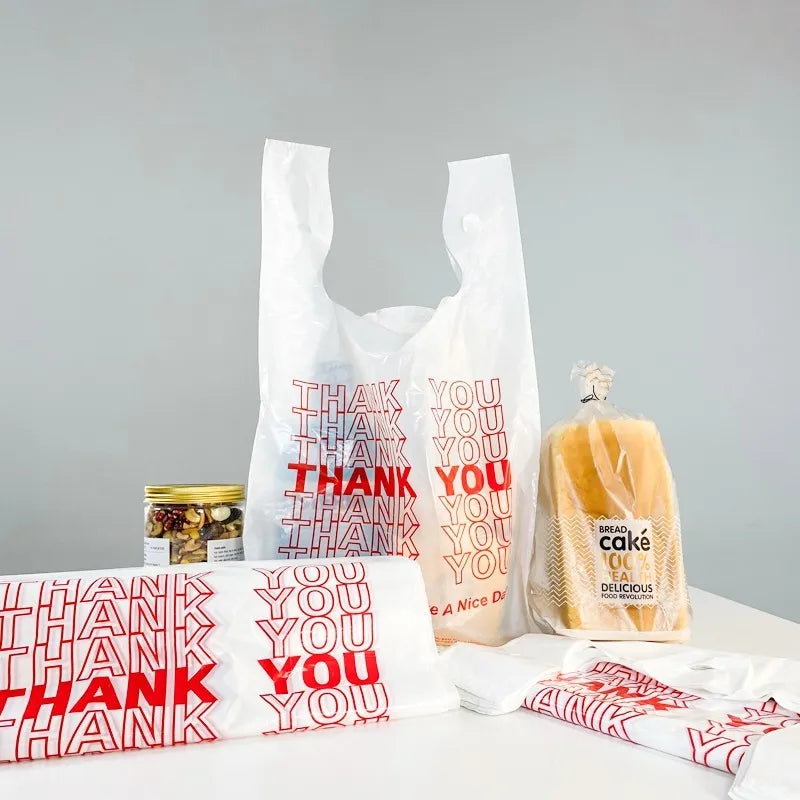 Thank You T-Shirt Plastic Bags, 10” x 6” x 20”, 12.5 Micron, White Grocery Carry Bags with Handles, Durable & Leak-Resistant, Bulk 1000 Bags per Case, Ideal for Retail & Takeaway