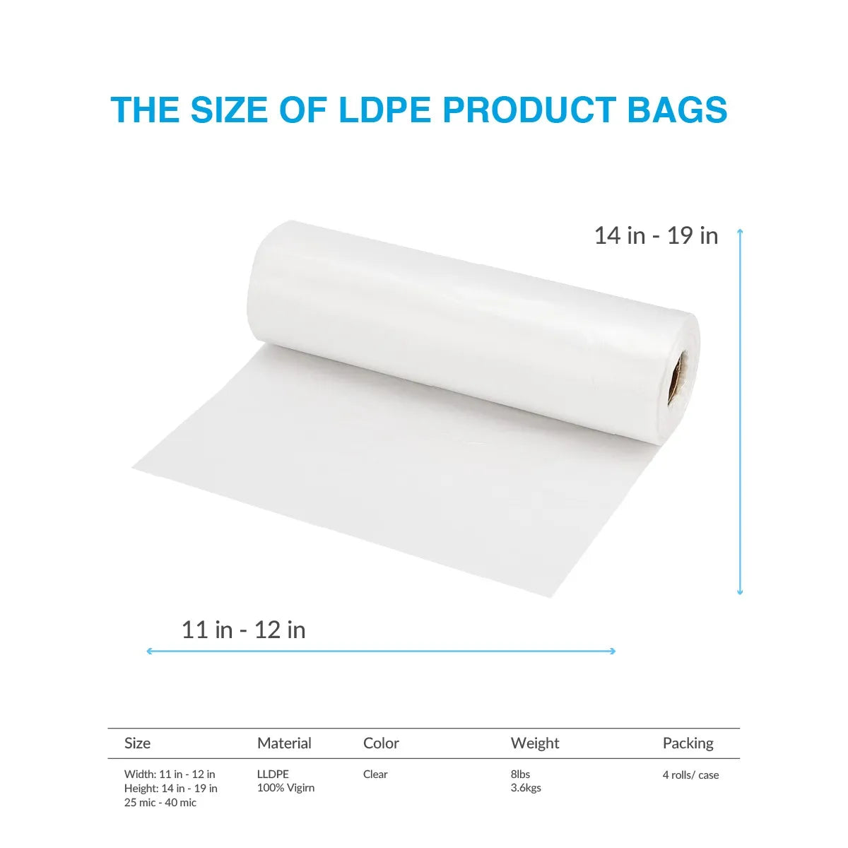 Clear LDPE Bags on Roll, 11” x 19”, 40 Micron Thick, Heavy-Duty Tear-Resistant Plastic Bags, No Print, Easy-Dispensing Perforated Roll, 4 Rolls per Case, Ideal for Retail, Food Service & Packaging