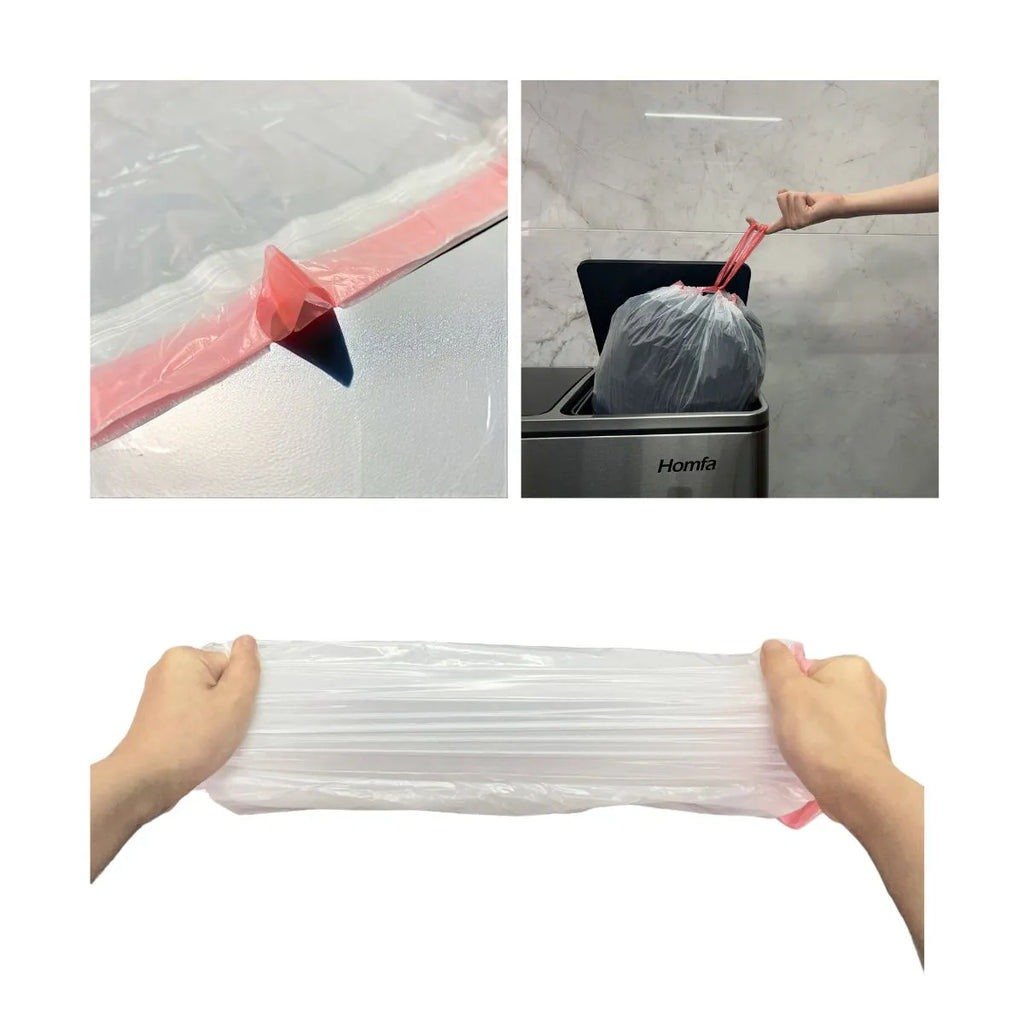 HDPE Drawstring Trash Bags 6 Gallon – Heavy Duty White Garbage Bags, Interleaf, 20x22 Inch, 18 Mic, Tear-Resistant & Leak-Proof, 50 Bags per Roll, 2 Rolls per Case