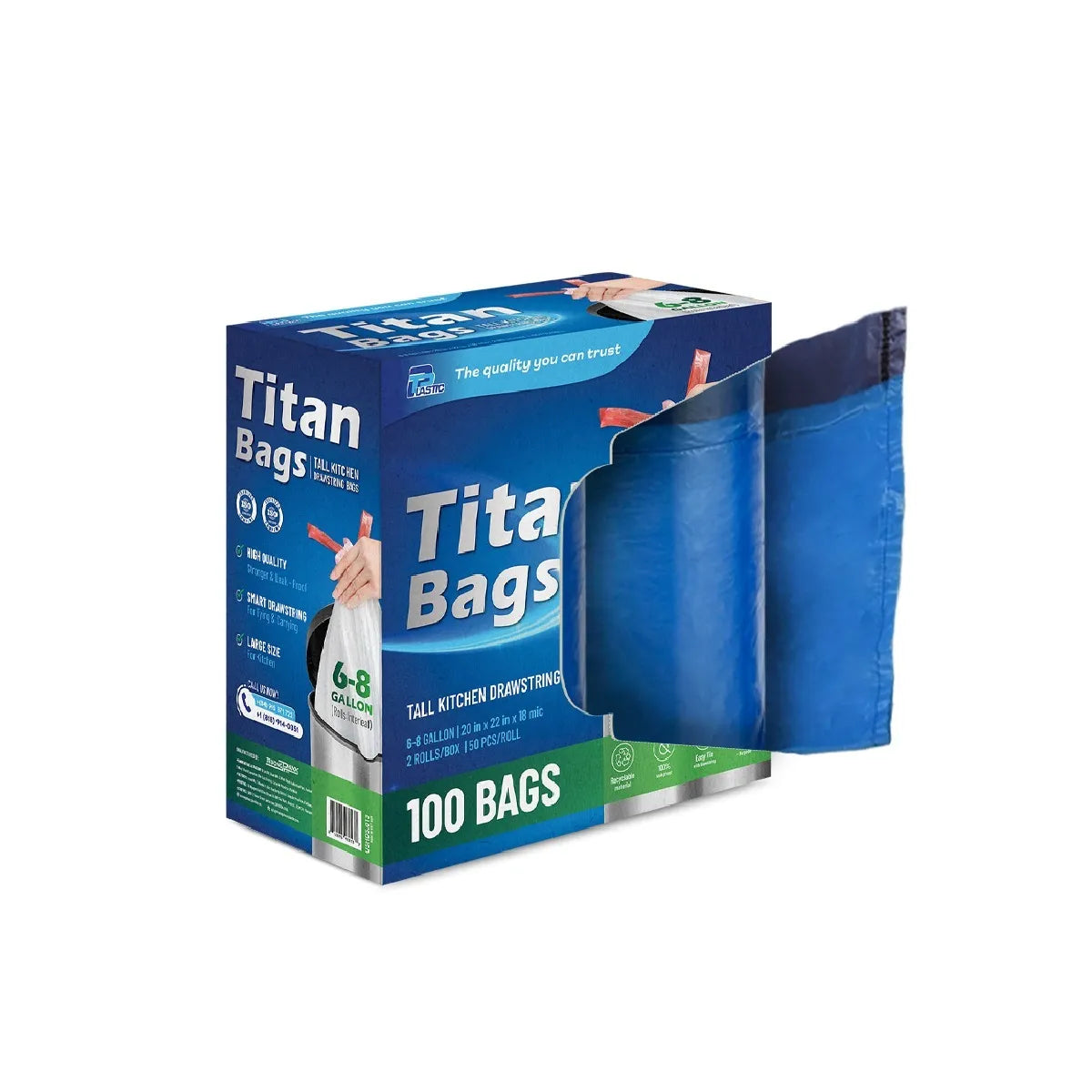 HDPE Drawstring Trash Bags 6 Gallon – Heavy Duty White Garbage Bags, Interleaf, 20x22 Inch, 18 Mic, Tear-Resistant & Leak-Proof, 50 Bags per Roll, 2 Rolls per Case
